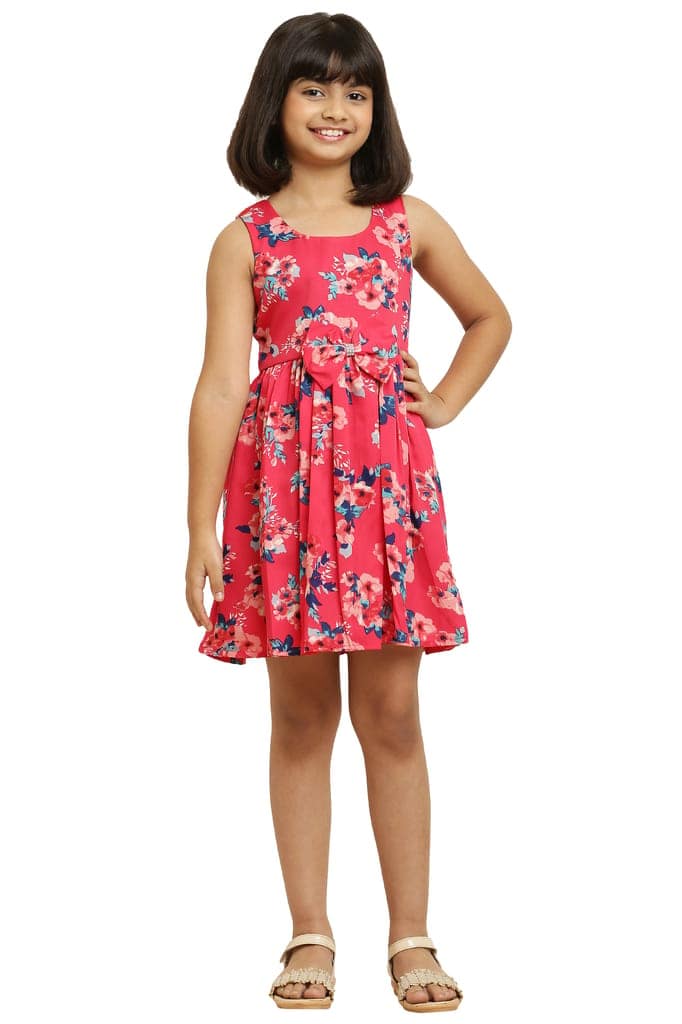 Stylish Pink Flower Printed Frock with Bow & for Girls. view 5