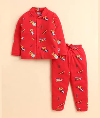 BUMZEE Pack of 1 Boys 100% Cotton Nightsuit Set ( Red )