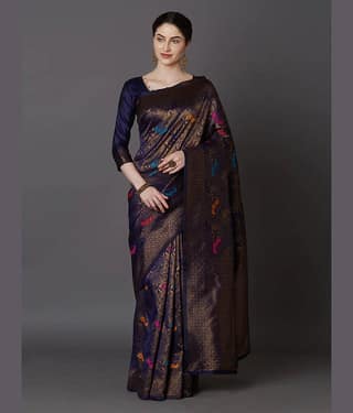 BLEESBURY Banarasi Silk Embellished Saree With Unstitched Blouse Piece ( Navy Blue )