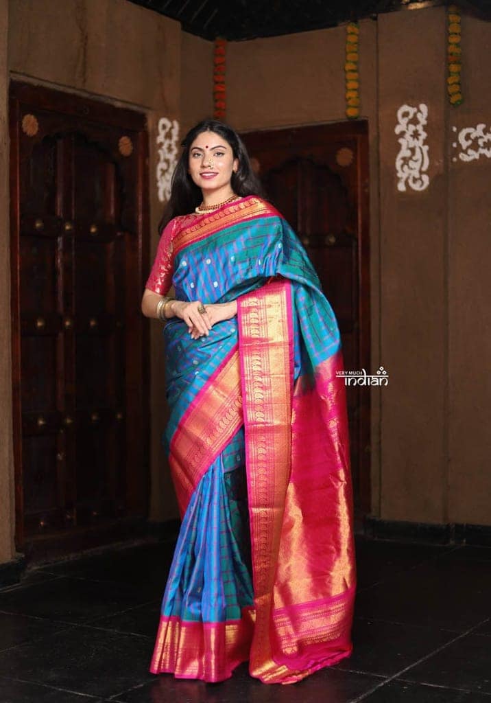 Utsaav ~ Gadwal Pure Silk Traditional Handloom Saree - Turquoise Blue with Checks and Pink Border, Authentic Pure Silk view 2