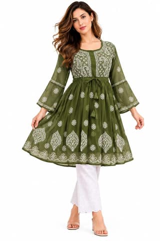 Mrs Right Women’s Short Georgette Gown Frock with Handcrafted Lucknowi Chikankari Embroidery | Umbrella Sleeves | Adjustable Waist Belt | Thigh Length