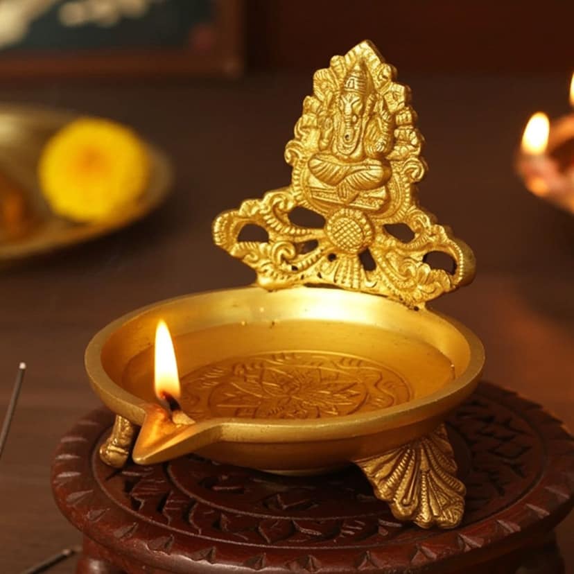 Brass Table Decor Ganesh Oil Lamp Deepak - Decorative Puja Diya for Positivity, Height : 4 Inch (BSMAS1160 G)