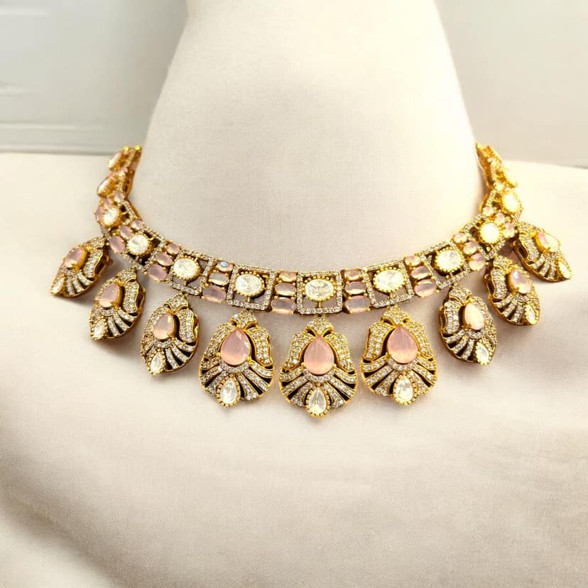 Exquisite Pink and White Kundan Necklace Set By Dia Art Jewels view 2