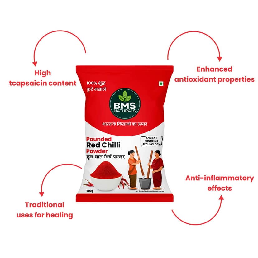 BMS NATURALS Pounded Red Chilli Powder, 100% Pure, No Added Colour & Preservatives, 500g view 3