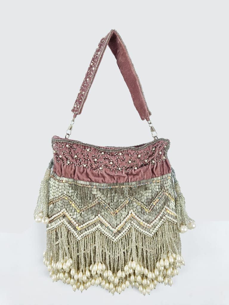 Heavy Sequins Embroidery & Pearls Work Stylish Potli Bag - Pink Colour FHS view 2