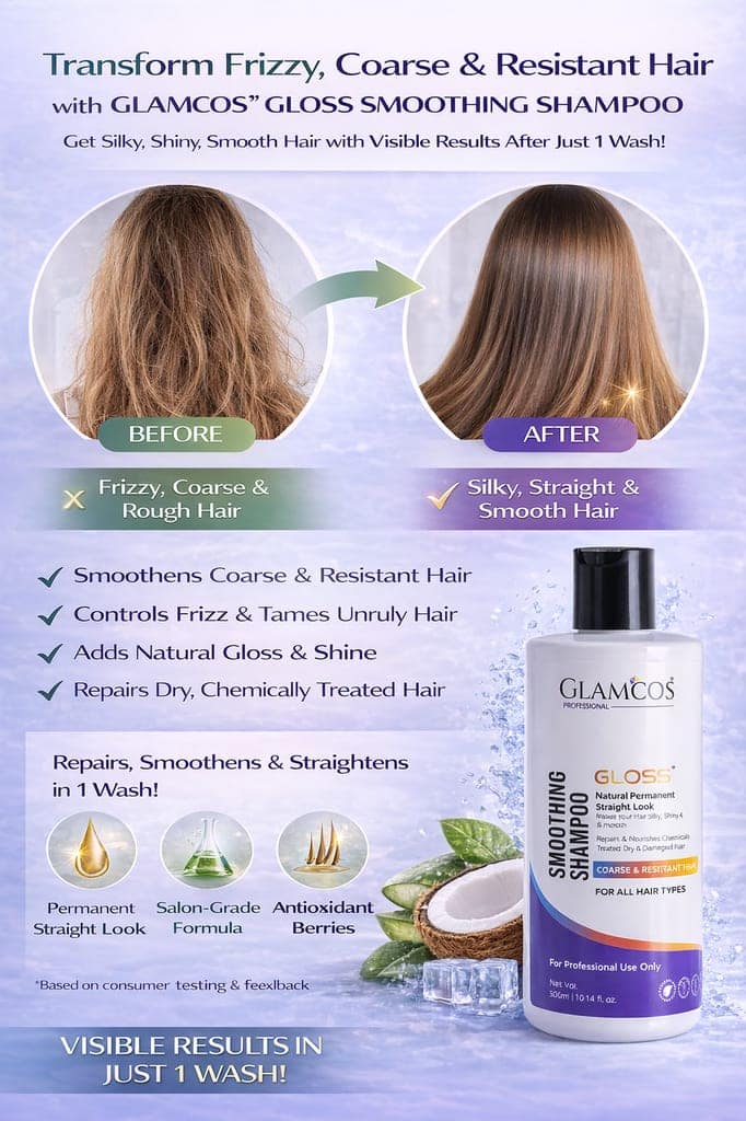 Glamcos Professional Gloss Smoothing Shampoo | Natural Permanent Straight Look | Smooth, Silky & Shiny Hair | Repairs Dry, Damaged & Chemically Treated Hair | For All Hair Types – 300ml view 5