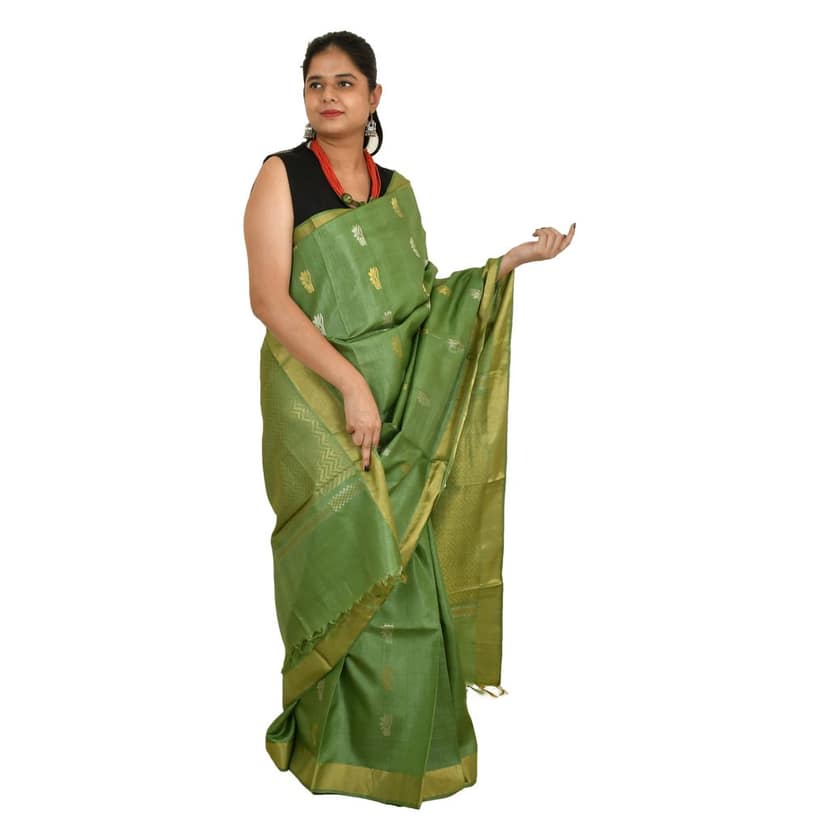 Tribes India Beige Tassar Silk Saree with Blue Motifs view 2