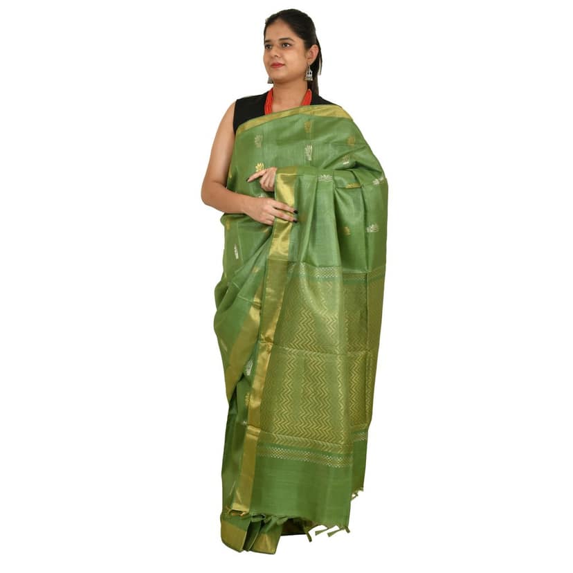 Tribes India Beige Tassar Silk Saree with Blue Motifs view 3