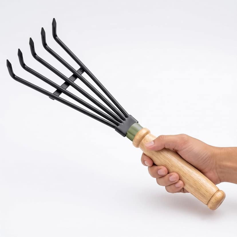Hand Cultivator for Gardening | 5 Prong Mild Steel Cultivator with Wooden Handle for Soil Loosening, Weeding & Garden Cultivation (Black)