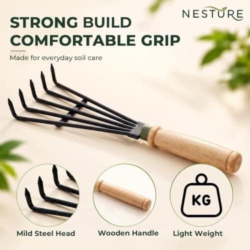 Hand Cultivator for Gardening | 5 Prong Mild Steel Cultivator with Wooden Handle for Soil Loosening, Weeding & Garden Cultivation (Black) view 3