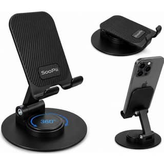 SOOPII Mobile Stand for Desk with 360° Rotating Base, Adjustable Phone Holder with Heavy Metal Base, Carbon Steel Desktop Stand Smartphones up to 6.9 Inch - Black