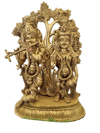 "Divine Brass Statue of Radha Krishna Playing Flute Under Tree"