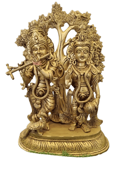 "Divine Brass Statue of Radha Krishna Playing Flute Under Tree"