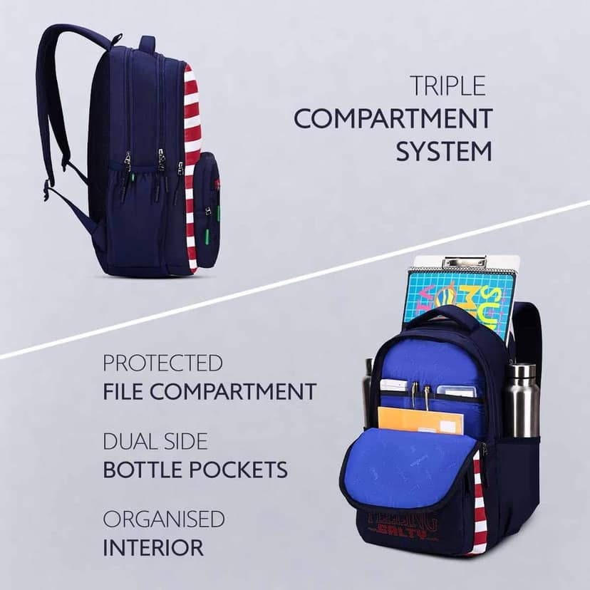 United Colors of Benetton Unisex High-School Backpack CIPHER | Printed High School Bag with 3 Compartments, Airmesh Padding | Backpack for School Girls and Boys | 27L Capacity view 3