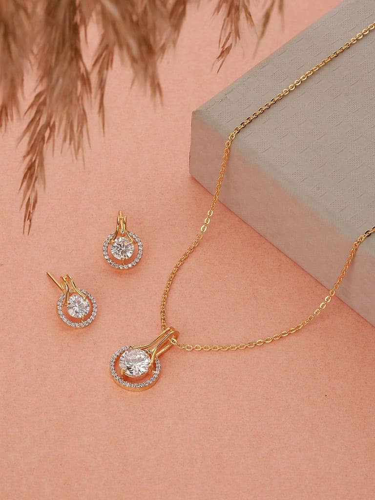 Gold Toned Solitaire AD Studded Minimal Locket Jewellery Set view 2