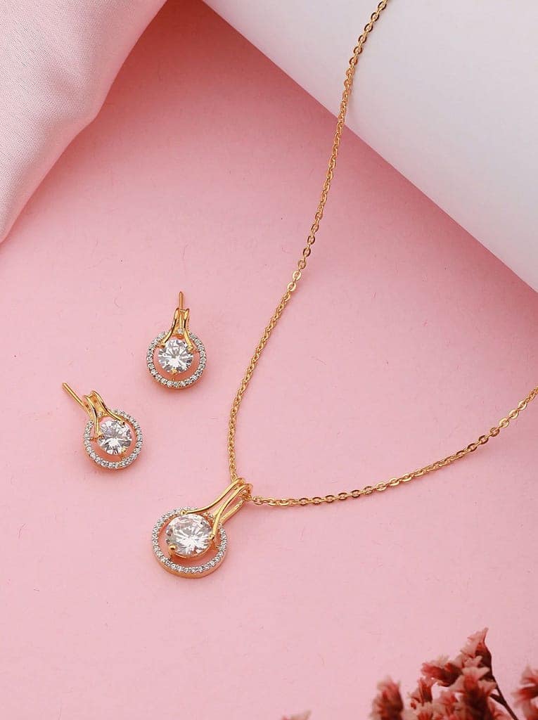 Gold Toned Solitaire AD Studded Minimal Locket Jewellery Set view 4
