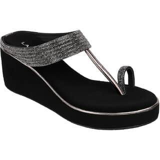 Lazera Black Wedge Sandals for Women Diamond T Strap Cushioned Footbed Rubber Sole view 2