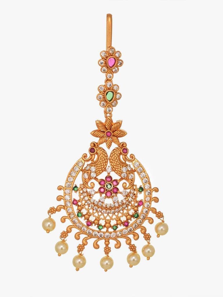 Gold Plated Red & Green AD Studded Maang Tikka view 2