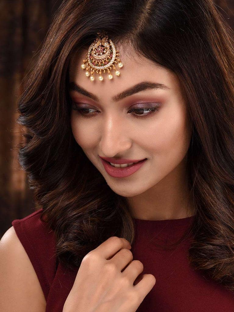 Gold Plated Red & Green AD Studded Maang Tikka view 4