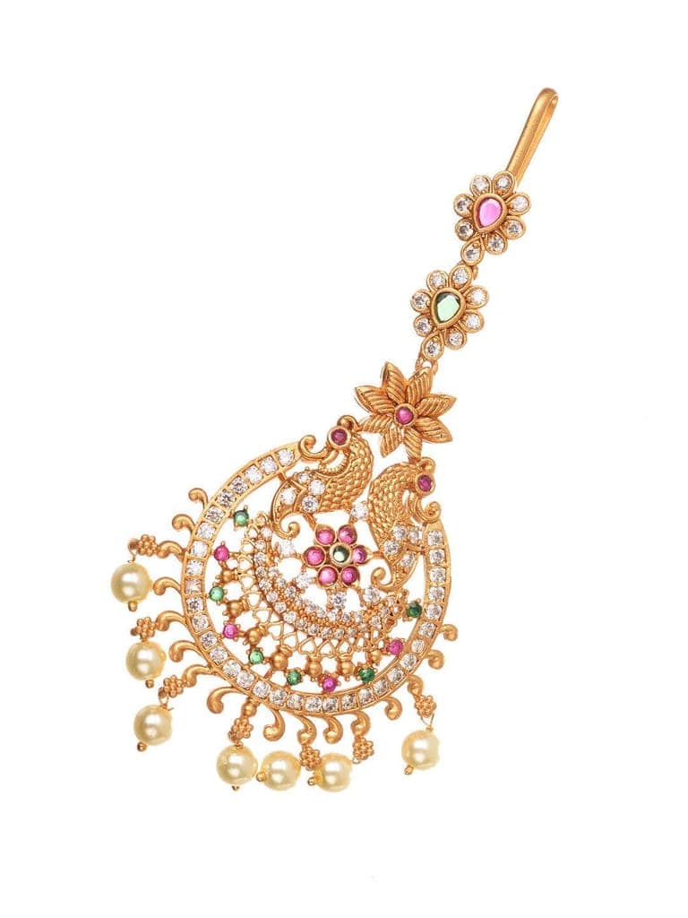 Gold Plated Red & Green AD Studded Maang Tikka view 5