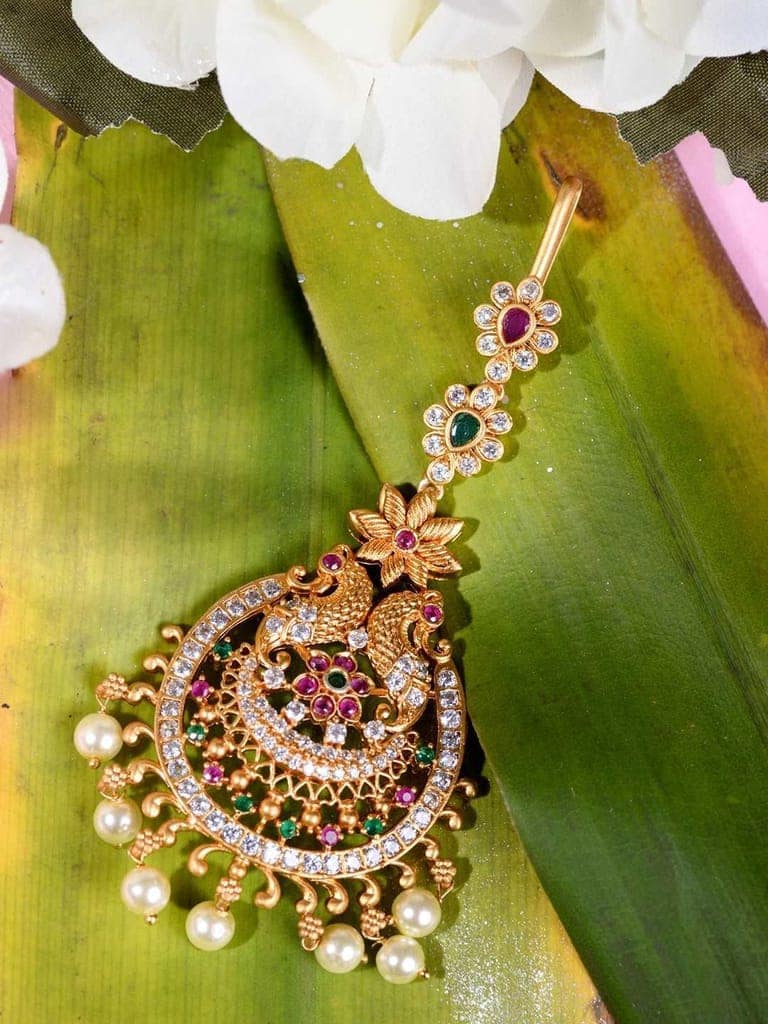 Gold Plated Red & Green AD Studded Maang Tikka view 6