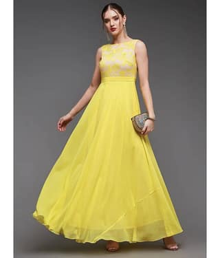 Miss Chase Women Georgette Printed Gown ( Yellow )