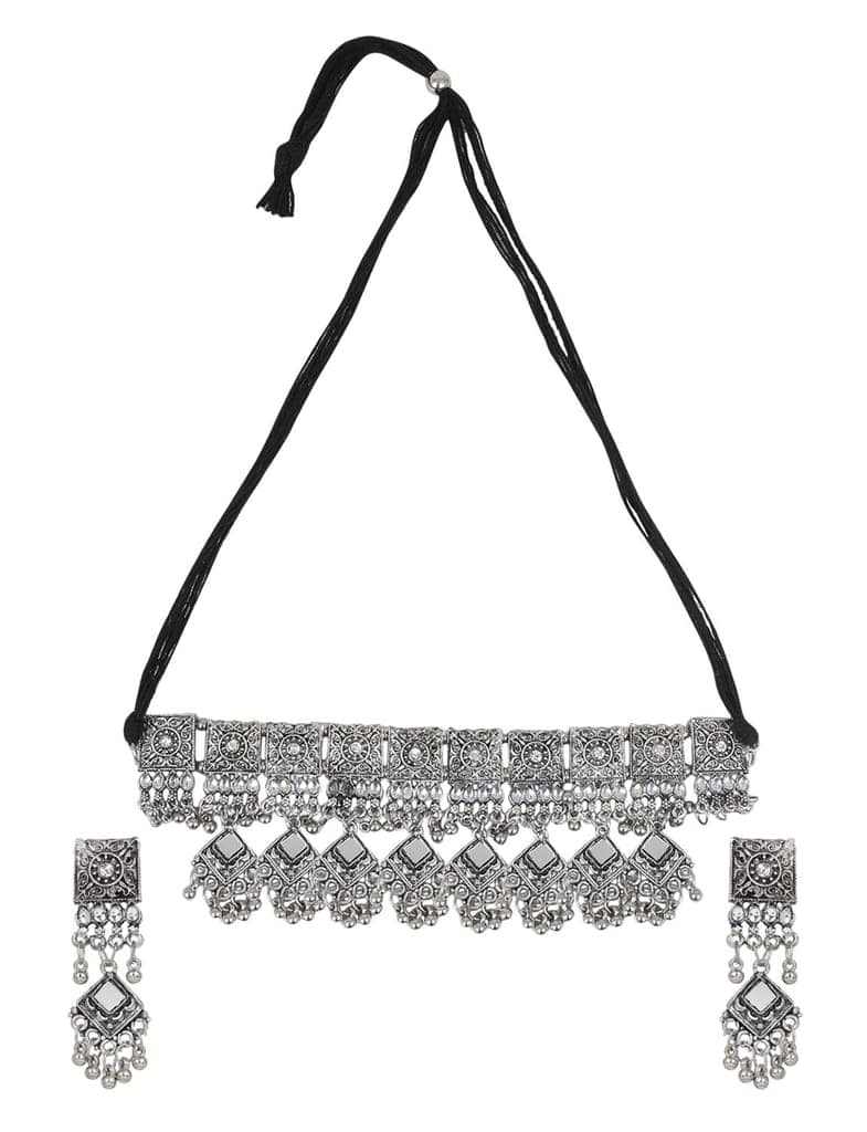 Cardinal Oxidized Silver Color Mirror Choker Necklace Set view 2