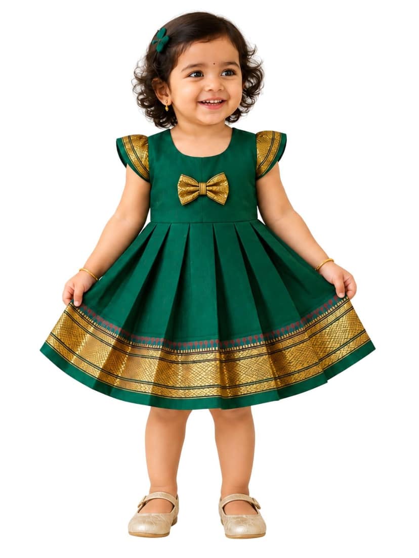 Mom and Me Baby Girls' Ethnic Green and Golden Frock | Comfortable Festival Wear for Toddlers