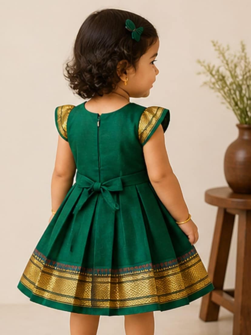 Mom and Me Baby Girls' Ethnic Green and Golden Frock | Comfortable Festival Wear for Toddlers view 2