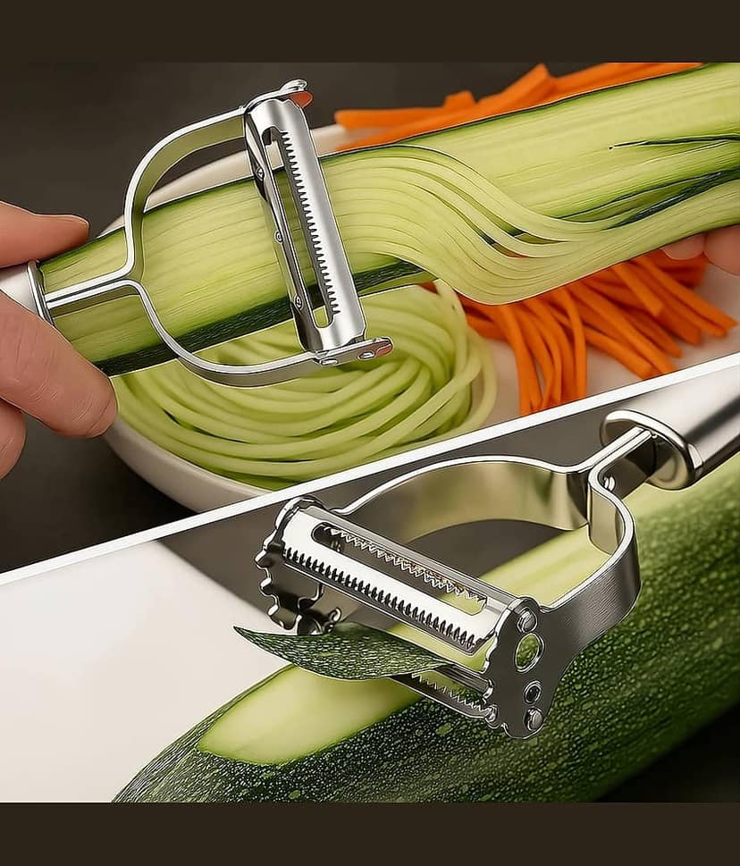 KRAMOX Stainless Steel 2 in 1 Julienne Vegetable Peeler Multi-Functional Fruit Vegetable Shredder Slicer Double Planing Cutter Potato Cucumber Carrot Melon Grater