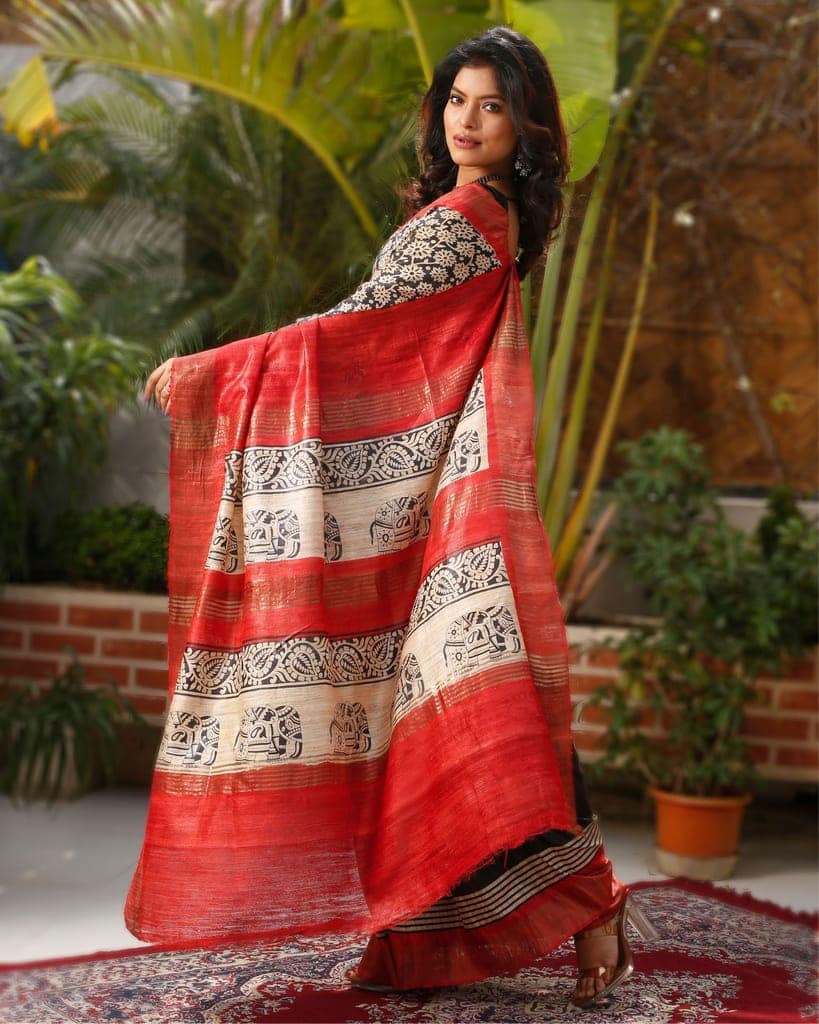 Silkmark Certified Tussar Silk Saree Cream Color Handloom Handblock printed with blouse-2656 view 2