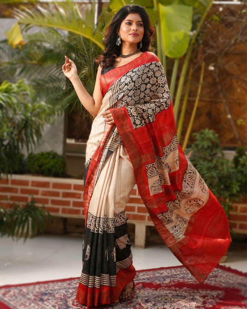 Silkmark Certified Tussar Silk Saree Cream Color Handloom Handblock printed with blouse-2656 view 3