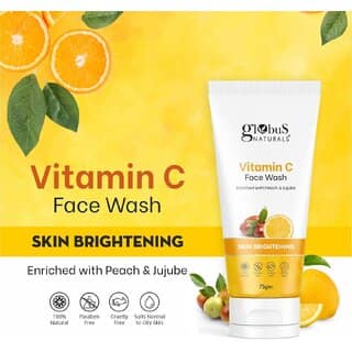 Globus Naturals Anti-Ageing Skin Brightening Vitamin C Face Wash, Enriched with Peach & Jujube, Skin Illuminating & Tan Removal Formula, For All Skin Types, Both Men & Women (75 g)