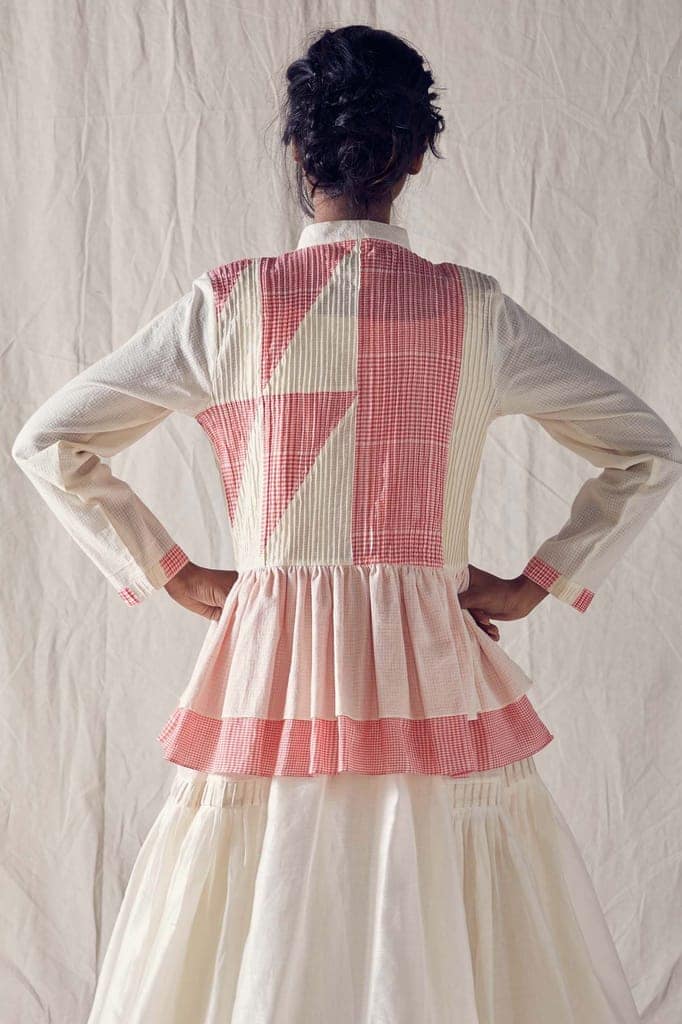 Pintucked Peplum Top In Red And Off White Checks Cotton Khadi Mulmul view 3