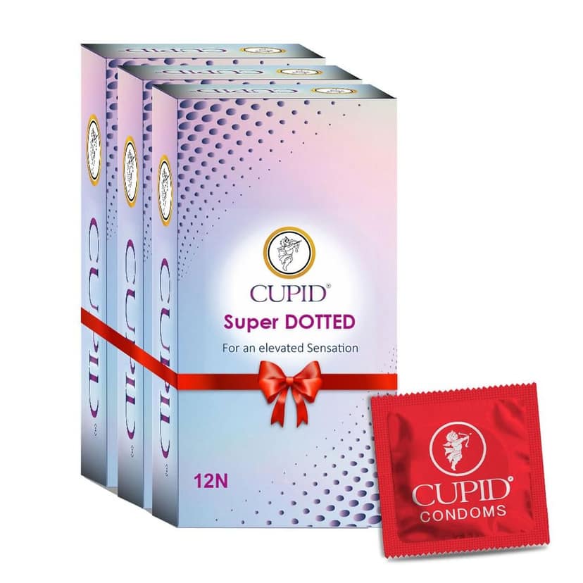 Cupid Super Dotted Condoms (Pack of 3) | Lubricated & Multitextured Condoms | For Her Enhanced Pleasure | Pack of 3, 12 Pcs Each