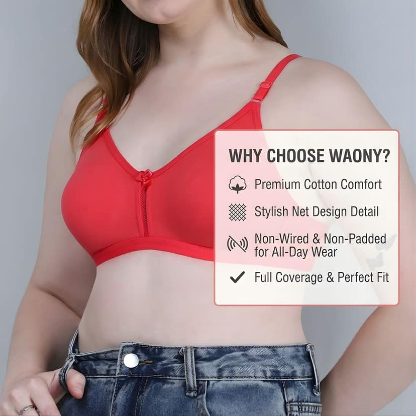 WAONY Women's Premium Cotton Non-Padded Bra – Non-Wired Full Coverage Daily Wear Bra with Net Detail view 9