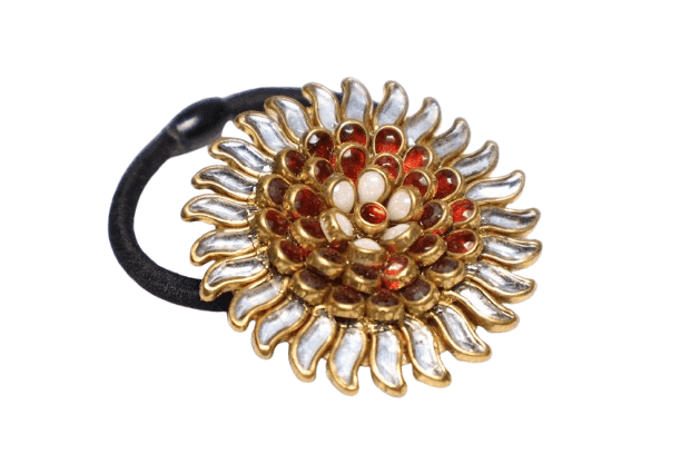 Designer Floral Hair Tie – Red & White Stone Embellished