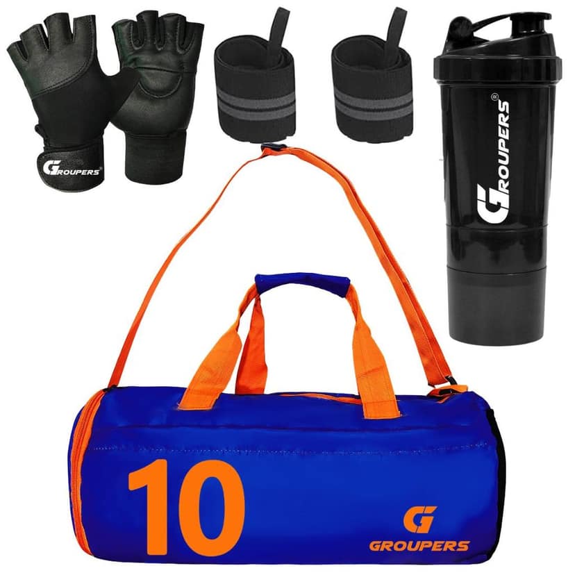 GROUPERS Combo Set of Duffle Polyester Bag with Shaker Bottle-500ml, Gloves & Wrist Band (Blue 10)