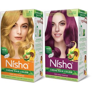 Nisha Cream Hair Color Rich Bright Long Lasting Hair Colouring For Ultra Soft Deep Shine Grey Coverage Conditioning With Natural Herbs , Golden Blonde & Wine Burgundy