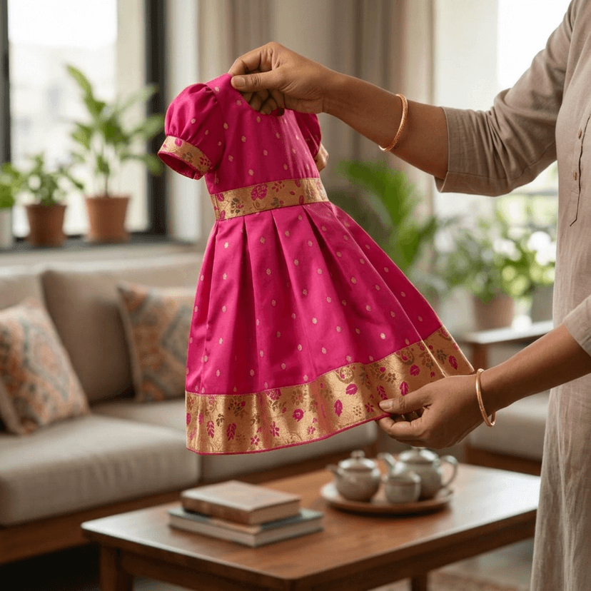 luster Frock taffata-Paithani Age (0 to 5) (6-12 Months, Peach) view 3