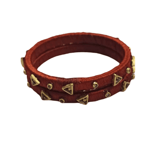 Exquisite Maroon Silk Thread Bangles with Golden Triangular Embellishments for Women