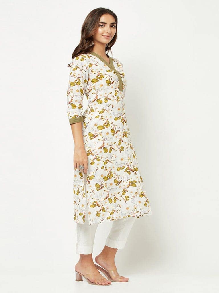 Green And White Floral Kurta view 5