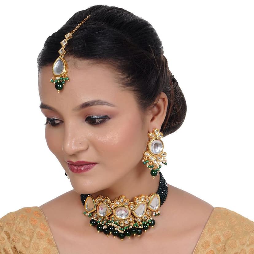 LUCKY JEWELLERY Back Meenakari 18k Gold Plated Green Color Tika Earring Combo Uncut Big Faux Kundan Choker Necklace set view 2