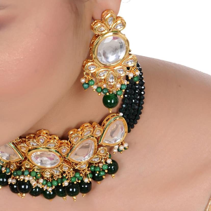 LUCKY JEWELLERY Back Meenakari 18k Gold Plated Green Color Tika Earring Combo Uncut Big Faux Kundan Choker Necklace set view 3