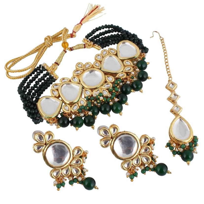LUCKY JEWELLERY Back Meenakari 18k Gold Plated Green Color Tika Earring Combo Uncut Big Faux Kundan Choker Necklace set view 4