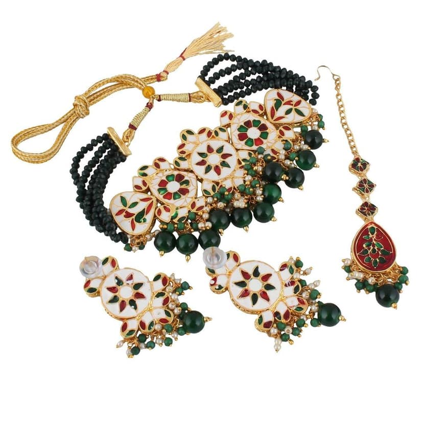 LUCKY JEWELLERY Back Meenakari 18k Gold Plated Green Color Tika Earring Combo Uncut Big Faux Kundan Choker Necklace set view 5
