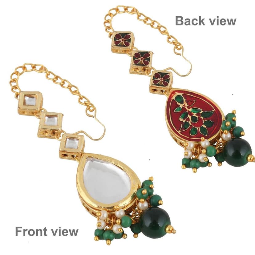 LUCKY JEWELLERY Back Meenakari 18k Gold Plated Green Color Tika Earring Combo Uncut Big Faux Kundan Choker Necklace set view 6
