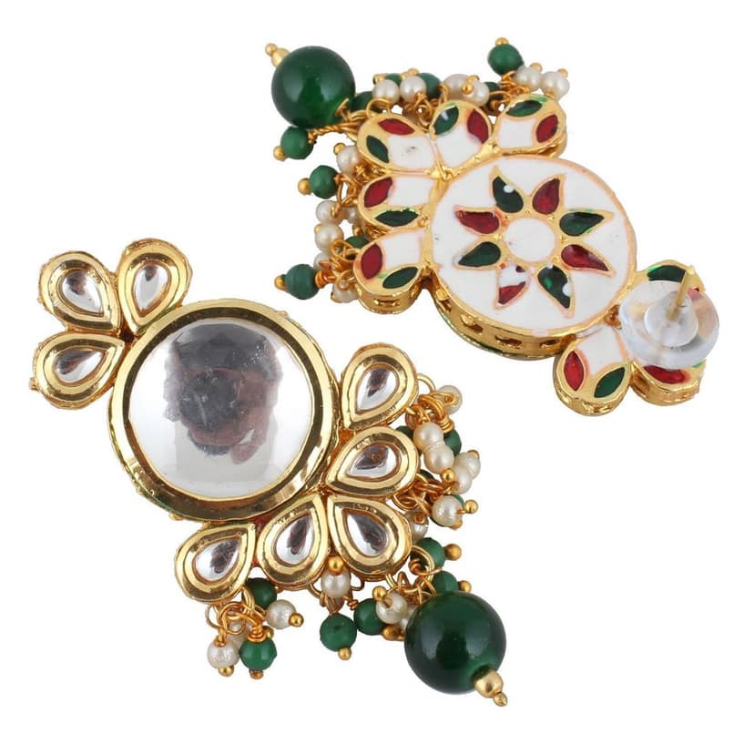 LUCKY JEWELLERY Back Meenakari 18k Gold Plated Green Color Tika Earring Combo Uncut Big Faux Kundan Choker Necklace set view 7