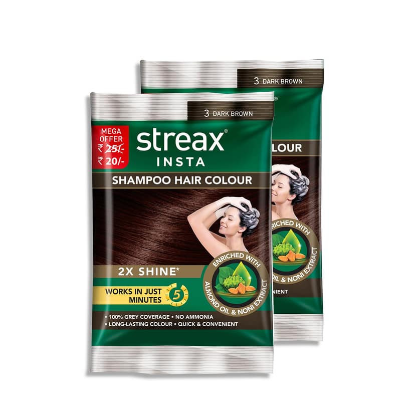 Streax Insta Shampoo Hair Colour For Men's & Women's, Dark Brown, 18Ml (Pack Of 16) | Enriched With Almond Oil & Noni Extracts | Long-Lasting Instant Colour Streax Insta Shampoo Hair Colour For Men's & Women's, Dark Brown, 18Ml (Pack Of 16) | Enriched Wi