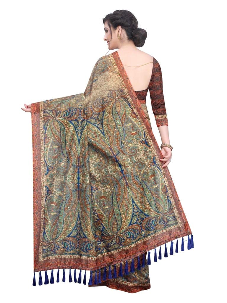 Silk Zone Women's Cotton Blend Digital Printed Beige Saree With Unstitche Blouse Piece view 4